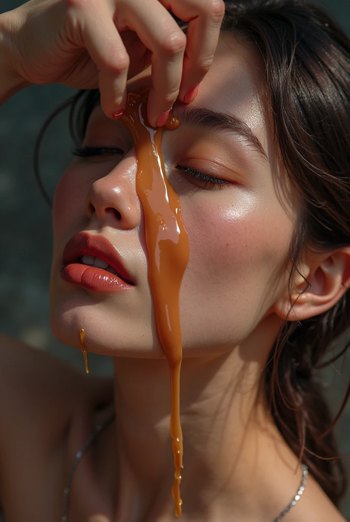 Photograph of a woman drenched in liquid chocolate, chocolate cascading over focal body regions, Sony Alpha camera capturing upper body, bold and focused lighting, flawless physique, vibrant pink hair, captivatingly cute facial expression, cinematic allure, hyper-realistic execution, meticulous detailing, photography employing cutting-edge techniques, liquid chocolate's sensuous flow, striking interplay of light and liquid, camera Sony Alpha, artistic and evocative photography.