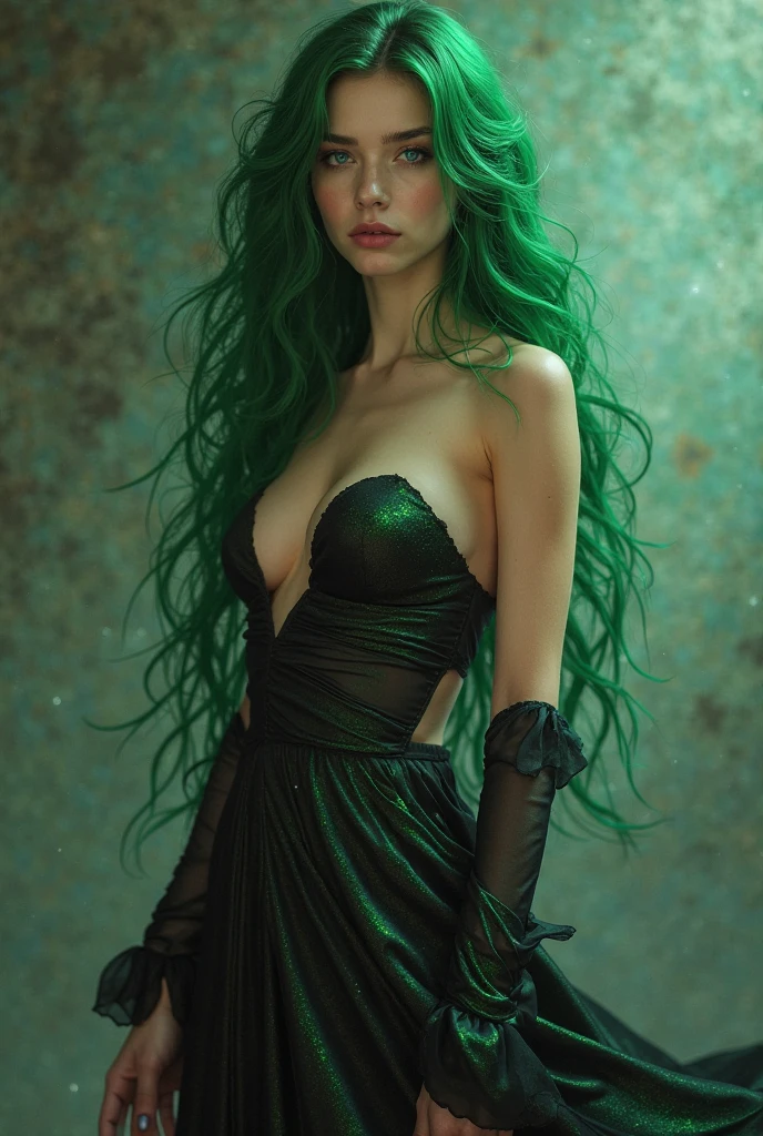 a girl. face sent feeling. Europe. Oval face. long face. delicate facial features. seductively seductive. Detailed eyes. green eyes. long straight hair. green hair. wreath on head. big breasts. big thighs. Sad. shy. green silk nightgown. shy sitting posture. straight face. outdoor