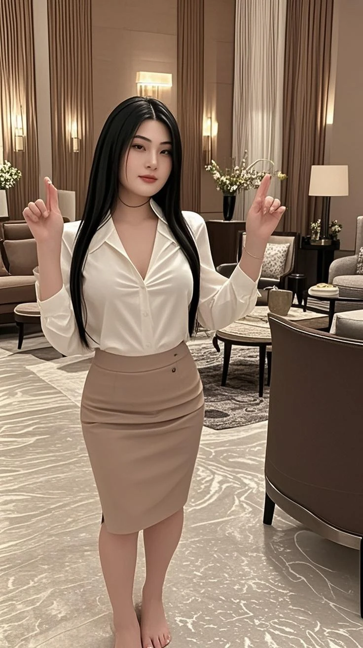 1 Girl,Lobby,sofa,Soft Light,Chinese Beauty,Tight Fit,Pleated Skirt,Dark-haired,long hair