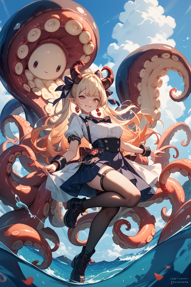 woman,20-year-old,((Ocean)),white tight bodysuit,(Harada Makoto),open mouth smile,(((See-through)))(((lots of octopus)))((Octopus tentacles wrap around the body))((blush))(((wet with sweat)))