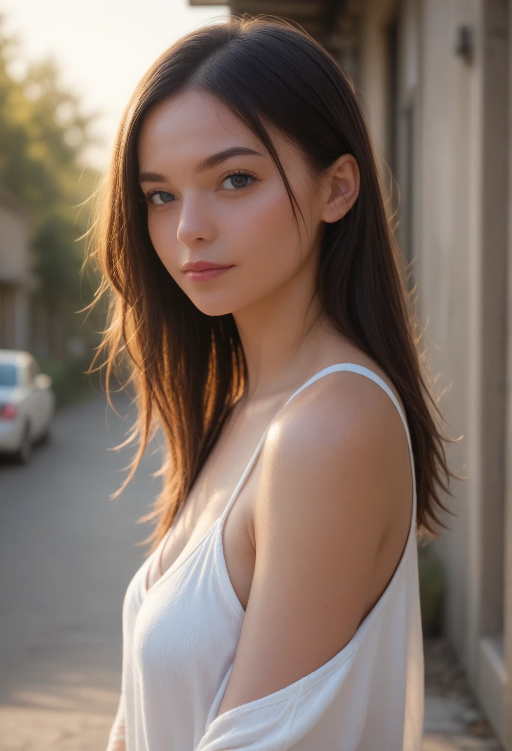 ((best quality, 8k, masterpiece: 1.3)), Key Points: 1.2, Perfect body beauty: 1.4, Hips: 1.2, ((Layered Hairstyle)), (street:1.3), White Dress: 1.1, Highly detailed face and skin texture, Beautiful eyes, Double eyelids, Whitens skin, Long hair, (shut up: 1.3), whole body