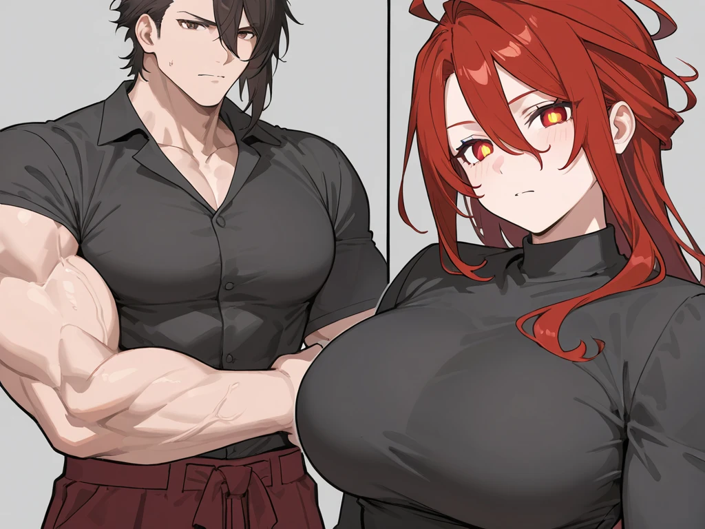 girl, With big breasts, athletic curvy body, corset with large red neckline, Red hair.