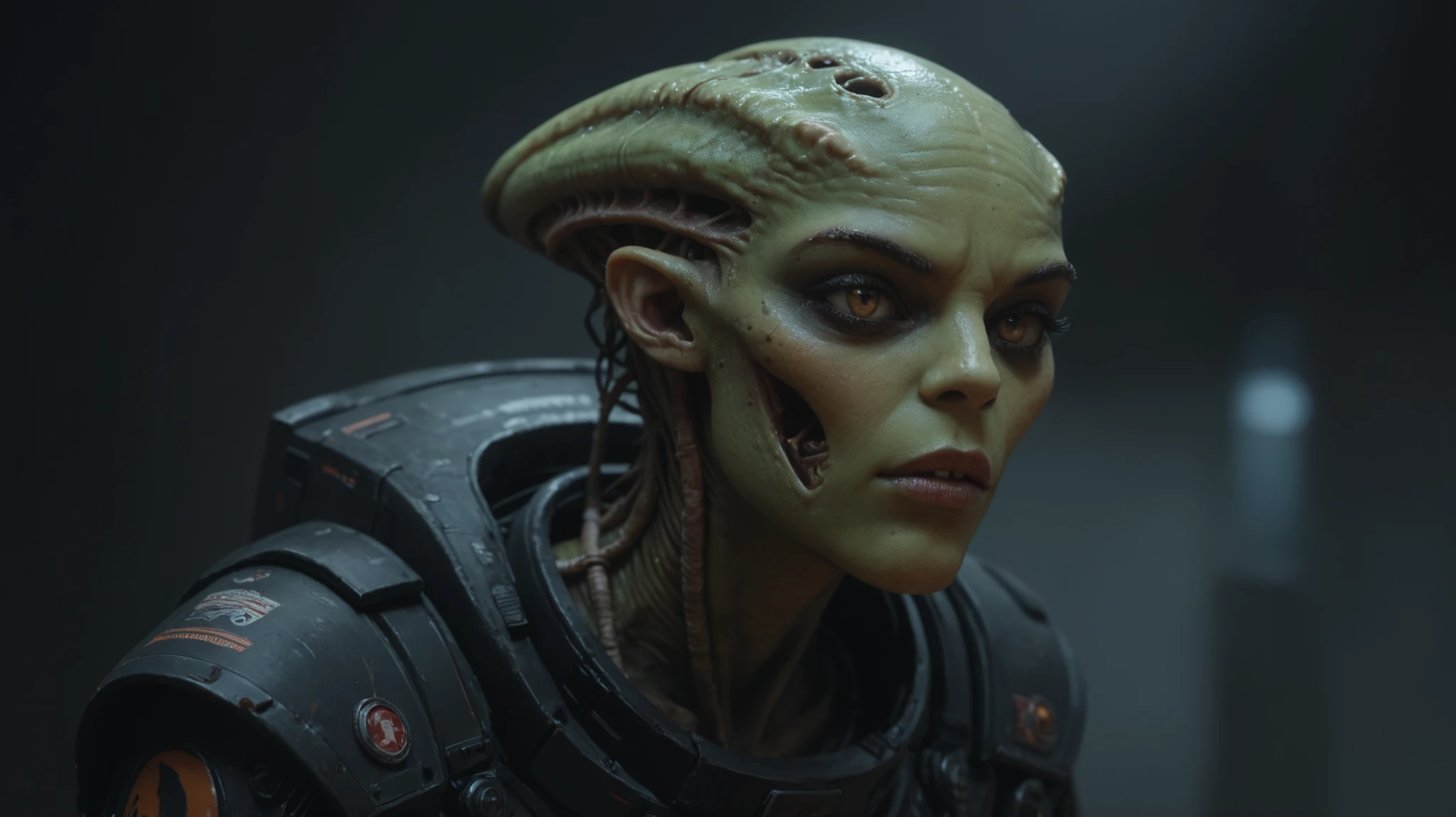 (hackedtech:0.2) (precursortech:0.2) (borg:1.1), cyborg, bald, (gray skin:1.3), veins (metal armor:1.1), (cable:1.1), mechanical eye implant (eyepatch:1.2), <lora:race_st_borg:0.7>,
<lora:race_st_klingon:0.6>, assimilated (klingon:1.2) female, (forehead ridge:1.35),
geometrical steel, data stream, (green hues:1.1), scifi <lora:PrecursorTech:0.2>, <lora:HackedTech:0.2>, (slowly walking towards the viewer, menacing cold stare:1.2), cinematic lighting, (looking at viewer:1.3),
(in a dimly lit spaceship:0.8), (green atmospheric light, green keylight:1.4), tall beautiful woman, gray eyes, slim body, (medium:1.2) (small:0.5) breasts, 28yo, gorgeous, female , hourglass figure, slim body, ripped, defined jaw, low cheekbones, square face shape ,
<lora:epiCRealismHelper:0.5>, <lora:epiCRealLife:0.9>, epiCPhoto, <lora:detail_slider_v4:0.8>, (sharp focus:1.2)