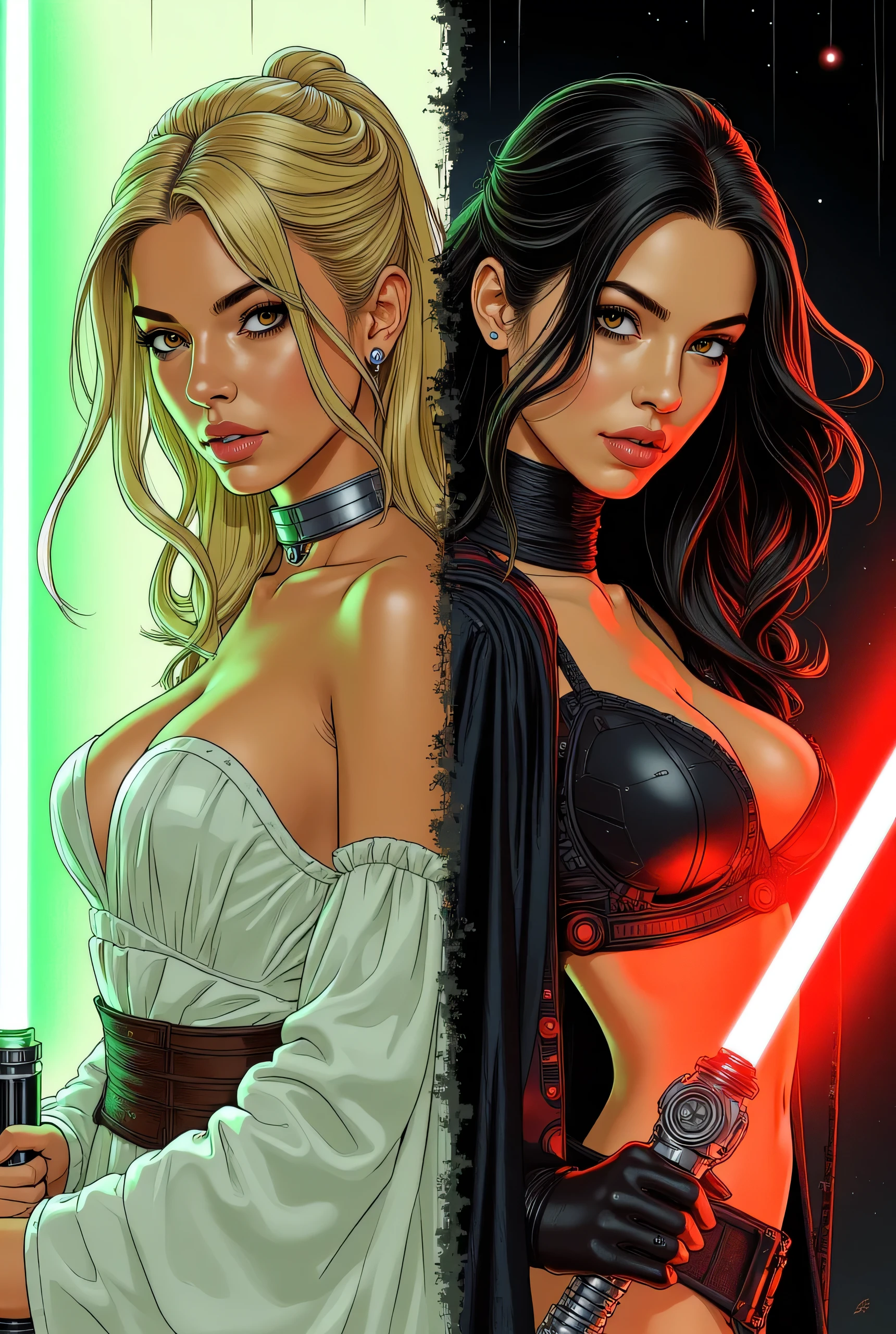 Score_9, score_8_up, score_7_up, ((highest quality)), ((masterpiece)), Perfect Face, (High definition), (Best Shadow), 8k, cinematic. Luis Royo's style, comics sexy art. Two sexiest characters (half-bust:1.2), (1)a Jedi blonde woman with green lightsaber, wears only a sexy white transparent body veil(2)a Sith brunette woman with red lightsaber, wears only a sexy black transparent body veil. ((two different characters:1.3)), ((two picture in one:1.5)), ((full body view:1.3))
