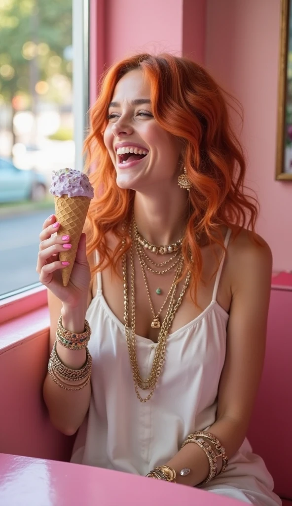 A Latina with blue curly hair and tattoos eating cake