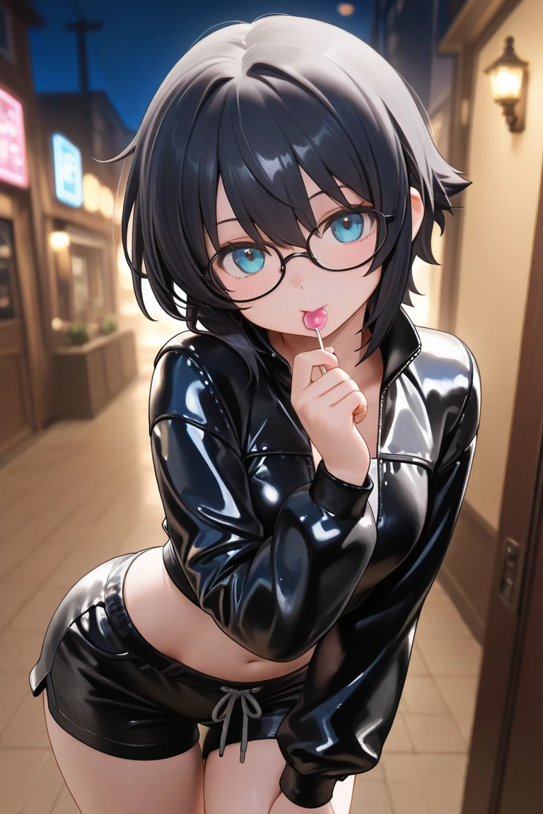 nsfw,(super fine illustration,8K CG wallpaper,best quality,extremely detailed,ultra high res,best aesthetic),(cowboy shot,from front),1girl, idolmaster, {{{haruna Kamijo}}}, (20yo, beautiful girl), (beautiful brown eyes),((((beautiful black hair)))), ((short hair)), (((blue rim glasses))), (wet hair), (wet skin), ((sweat)), ((steam)), (flat chests,midium ), (tall), (slender), (((((black latex military dress))))), (((((see-through))))),((((open clothes)))), ((pubic black hair:1.5)), ((((on stage)))), ((((spread spread pussy:1.5)),(open s), (a big smile), ((stick out tongue)),(feel good), (one eye closed),((arms behind),(((black latex gloves))),((black latex hat)),((black latex thigh_boots)),((cum on body:1.3)),(bukk, cum on face:1.1),ke, cum oair:1.2)),(ecstacy)x,cowgirlv)))),spotlight,
