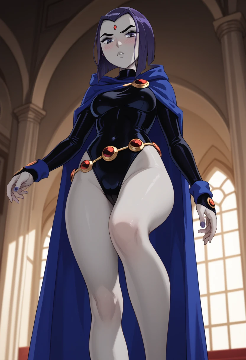 (solo:1.1),(masterpiece), (best quality:1.3),, (ultra detailed), (intricate), professional art, digital art, absurdres, shadraven, (far away view:1.1), 1girl, solo, (grey skin:1.4), dark purple hair, bob hair, dark purple eyes, hips wider than shoulders, pear shaped body, jewellery, detailed thighs, (thick thighs:1.3), red jewel in forehead, jewels, (long sleeved turtleneck leotard:1.4), (Red jewel Belt), (red jewel brooch:1.3), cuffs, small breasts, nipple bulge, (raven long dark purple hooded cape), (Shadraven brooch:1.2), Shadraven jewel belt, Shadraven wearing a long sleeved leotard with a hooded cape and fingerless glovess, (long legs:1.3), (detailed bulgeJ8 crotch penis bulge:1.4),(large testicle bulge:1.3),(long crotch bulge), huge penis bulge, huge testicle bulge, ( frontal view),(bubble butt) , gluteal crease, universal lighting,(Detailed ass), black-lipstick, beestung lips, Black-eyeshadow, (proportionately sized head:1.1),