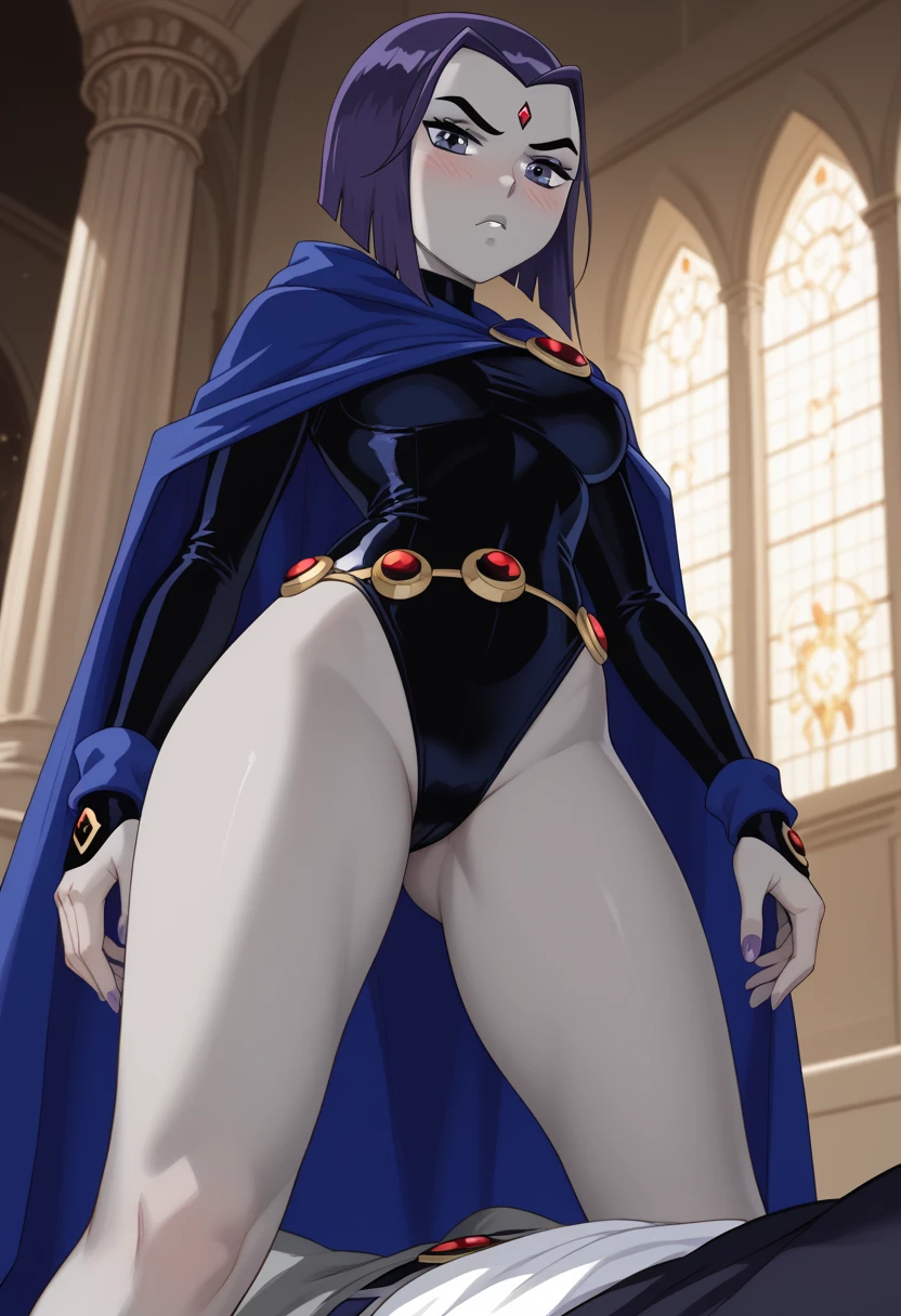 (solo:1.1),(masterpiece), (best quality:1.3), ultra detailed, intricate, professional art, digital art, absurdres, shadraven, (Full body view:1.1), 1girl, solo, (grey skin:1.4), dark purple hair, bob hair, purple eyes, hips wider than shoulders, pear shaped body, jewellery, detailed thighs, thick thighs, red jewel in forehead, jewels, (long sleeved turtleneck leotard:1.3), cuffs, small breasts, (shadraven cloak), (Shadraven broach:1.2), Shadraven jewel belt, Shadraven wearing a long sleeved leotard outside at night, long legs, ( long crotch bulge:1.4), large penis, large testicles, side angle view, looking at viewer, bubble butt , gluteal crease, universal lighting,,
