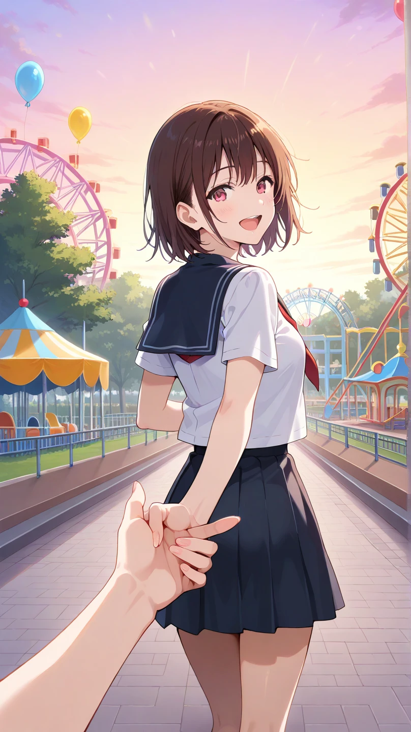 Cute girl , blue uniform , pink skirt, with bear