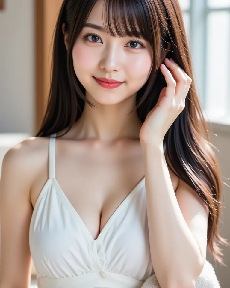 masutepiece, Best Quality, One girl, (Beautiful Girl:1.3), (28 years old:1.2), Very fine eye definition, (Symmetrical eyes:1.3), NSFW, (Put out naked, Cute sleeveless:1.3), Beautiful breasts, Brown eyes, Parted bangs, Brown hair, Upper teeth,Bedrooms,A smile,profile,Transverse breasts,Angle seen from the side,Full body,Cross your arms behind your back,