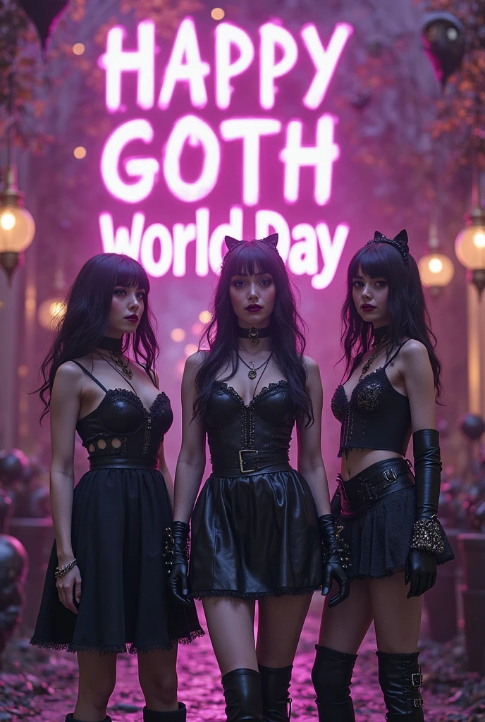 there are three women in costume posing for a photo, !5 three-eyed goddesses, bonecapunk, hyper - goth, cybergothic, ovelha, darkwave gothic aesthetic, gothic deer, gothic horror vibes, gothic family, neogothic, devious evil expression, evil fairies, haunted expression, The Council of Scary Bitches
