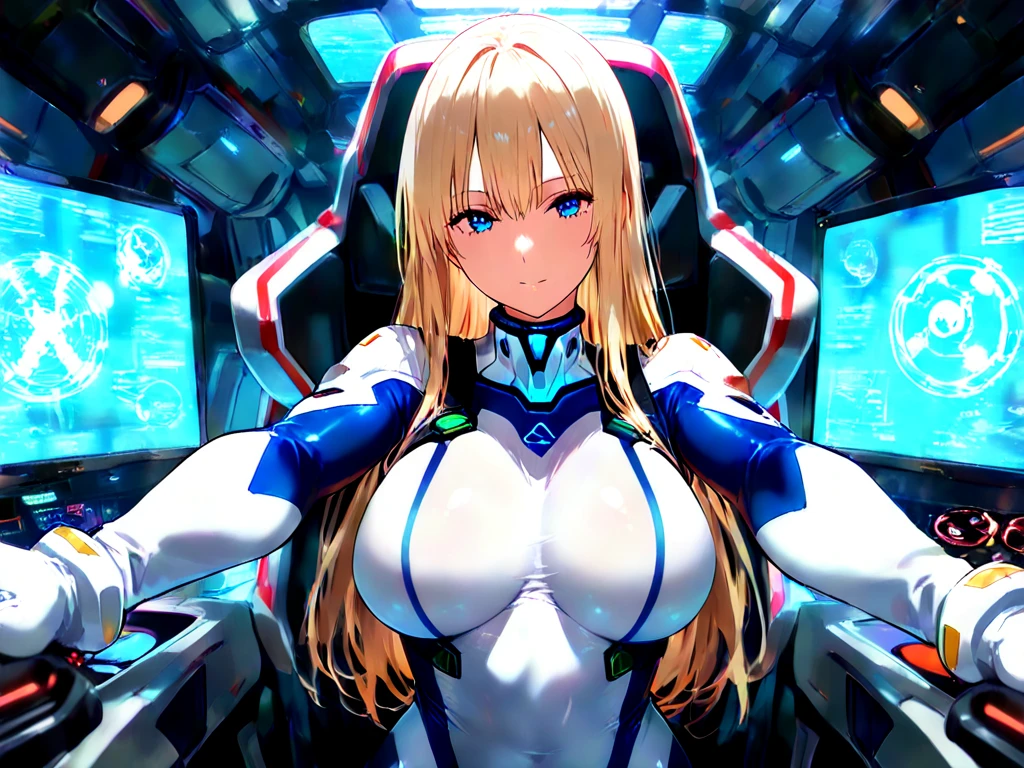 1girl, (Blue Eyes), (smiling :1.2), (Sana Minatozaki), wide hips, Big , big ass, (Best Quality, 8k, Masterpiece: 1.3), Clear Focus: 1.2, Perfect Body Beauty: 1.4, strong abs, Highly detailed face and skin texture, detailed eyes, double eyelids, (blond long straight hair :1.2), white cyber suit, futuristic suit, (cyber bodysuit :1.3), standing, dynamic pose, (in the command center of a futuristic ship :1.2), window with galaxy in the background :1.4