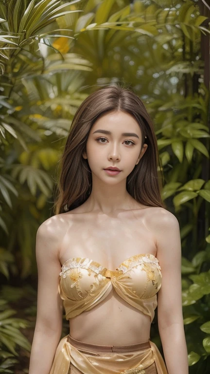 A woman wearing a green bikini with a flower
In her hair,with a crown on her head,
1girll, Solo, Long hair, Breasts,
Looking_at viewer, brunette color hair,
Hair_decorations, navel, jewelry,
mediuml breasts, standing, swimsuit,
flower, Bikini, cow boy shot, hair flower,
dark-skin, Lips, Nature, forest, Realistic