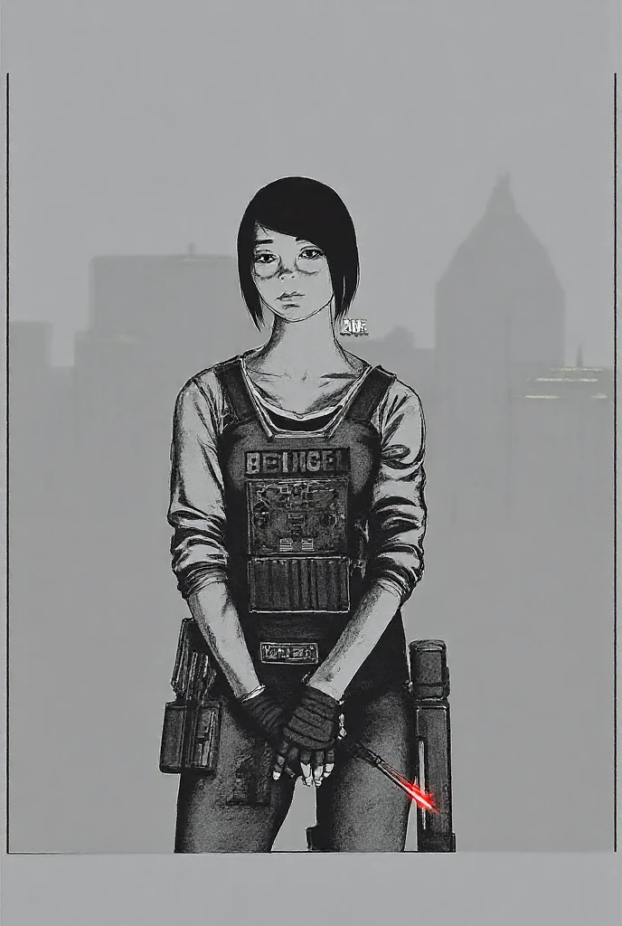 TheRPGCharGenEsAFArt monochrome, 1girl holding a gun, in a ,sexy short maid uniform, in front of a brick wall