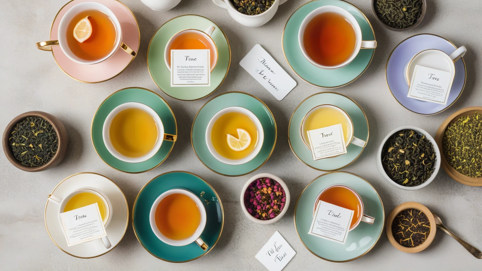 tea drinking with flowers on the table, in thestyle of dark teal and dark brown, cherry blos-soms,asian-inspired,grandiosecolorschemes, sky-blue and green, textural rich-ness.