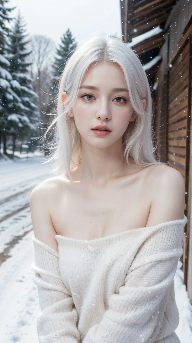 (realistic), (hyperrealism),best quality, masterpiece,ultra high res, (photorealistic:1.4),1girl,pale skin,skinny,(looking at viewer),bare shoulder, (white hair,) snowing outdoor, looking at viewer,
upper body,