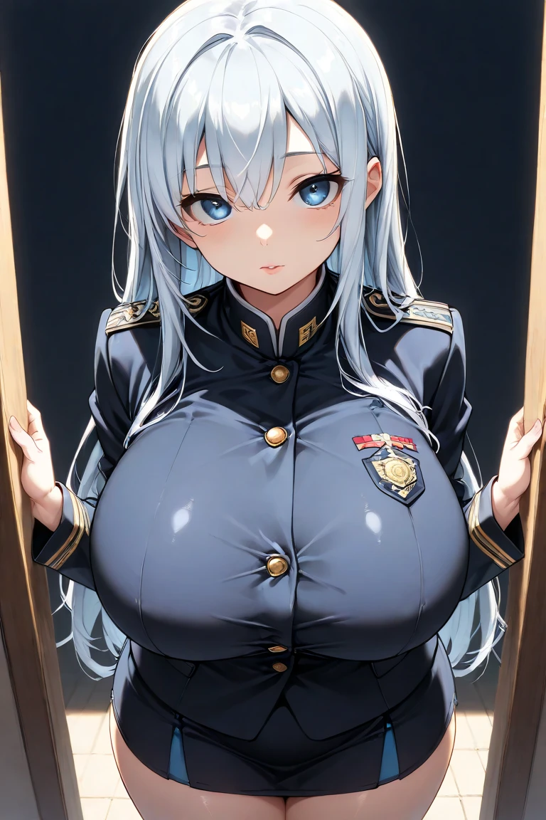 Cute girl, Israeli soldier, gray hair, blue eyes, beautiful, big breasts, Israeli flag, short pants, israeli soldier