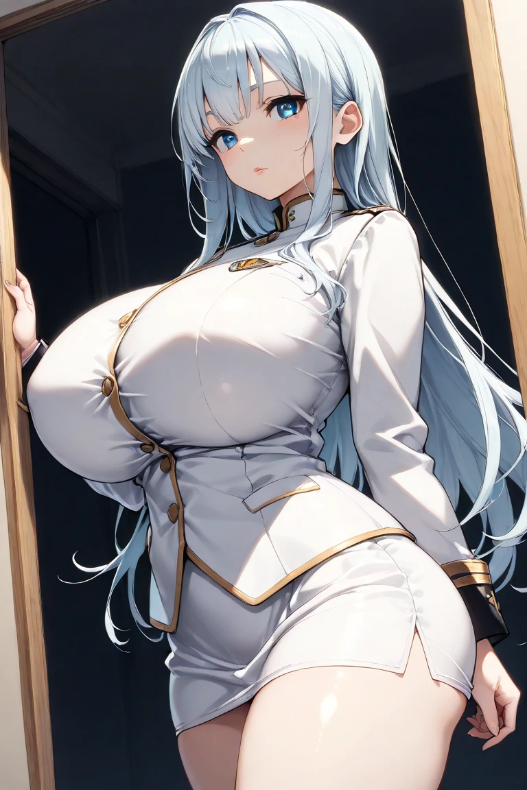 masterpiece, best quality, 1girl, solo, (huge breasts 3.0), (breast implants, fake tits, unaligned breasts, perfectly round breasts), SFW, cowboy shot, looking at straight, Long Hair, Detailed eyes,Full Body,spring-aegir,demon horns,white hair,china dress,red dress,big ass