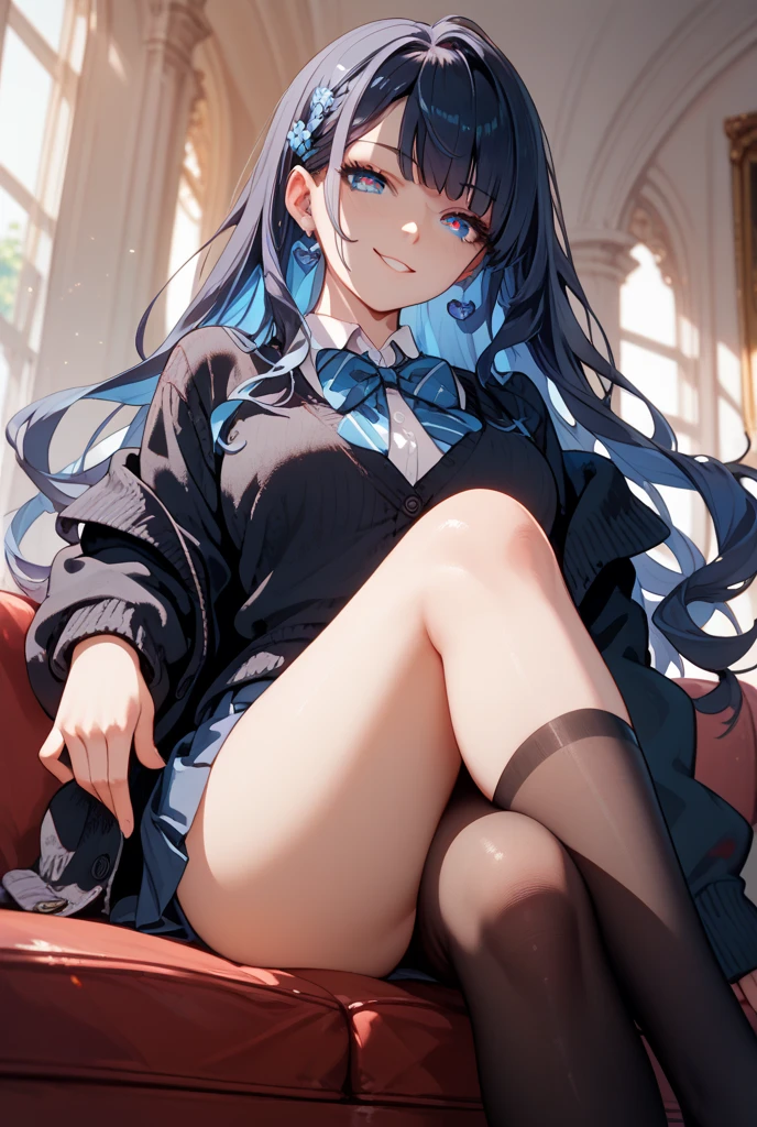 Top Quality, Best Masterpiece, Ultra High Definition, 8K, Light Blue Sweater Vest, Anime Style Little Loli, Single, Ultra Detailed Line Art, Digital Enhancement, Anime Core, Flowing Fabric, Close Up, ((Hair length to shoulder mouth and short braid)), staring at us from the front, soft drawing, beautiful black hair, crisp eyes, smiling smile, ultra-detailed digital anime art, Clear face depictions, ultra-detailed anime character art, ultra-detailed manga style, top-quality colors, hand gestures, foot-level angles, indoor