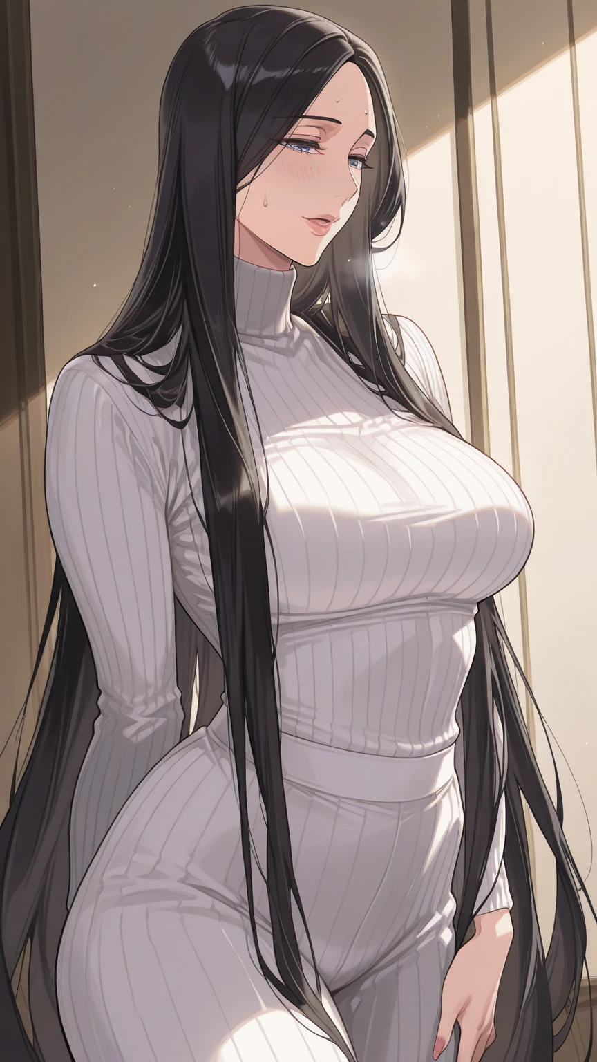 realistic skin,perfect ,black hair, long hair, (hair over one eye:1.4), messy hair, hair between eyes, chubby,plump,fat, Sexy lips, pucker lips,cute shy blush on,on the garden , mature women with 4 daughters