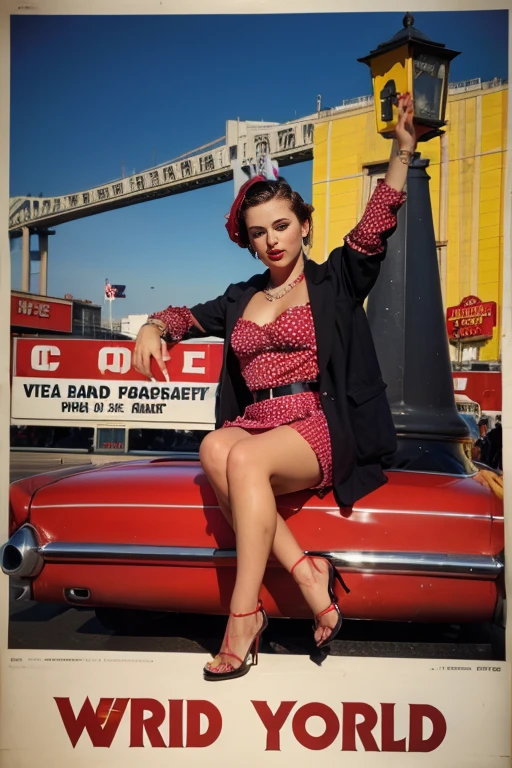 A pinup girl is completely naked sitting on a beer hamper on the streets of 1970' Las Vegas, spreading her legs wide to the viewer and fingering her pussy with one hand, showing the pussy into the camera, horny, laszive, colour film, colorama, wide camera shot, people are watching at the pinup girl