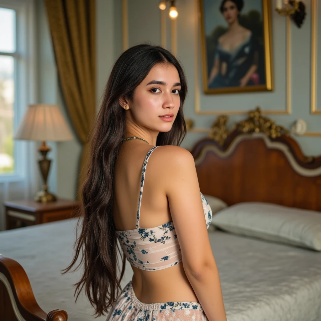 Beautiful black hair pale skin kurdish teen in room
