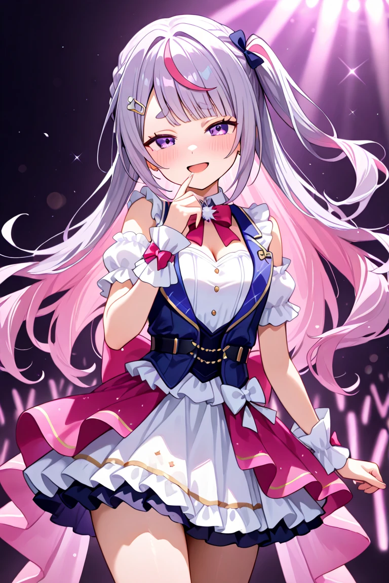 girl, idol, silver hair, long hair, floating hair, pink eyes, large breasts, purple idol costume, blush, open mouth, reaching towards viewer, stage, stage lights