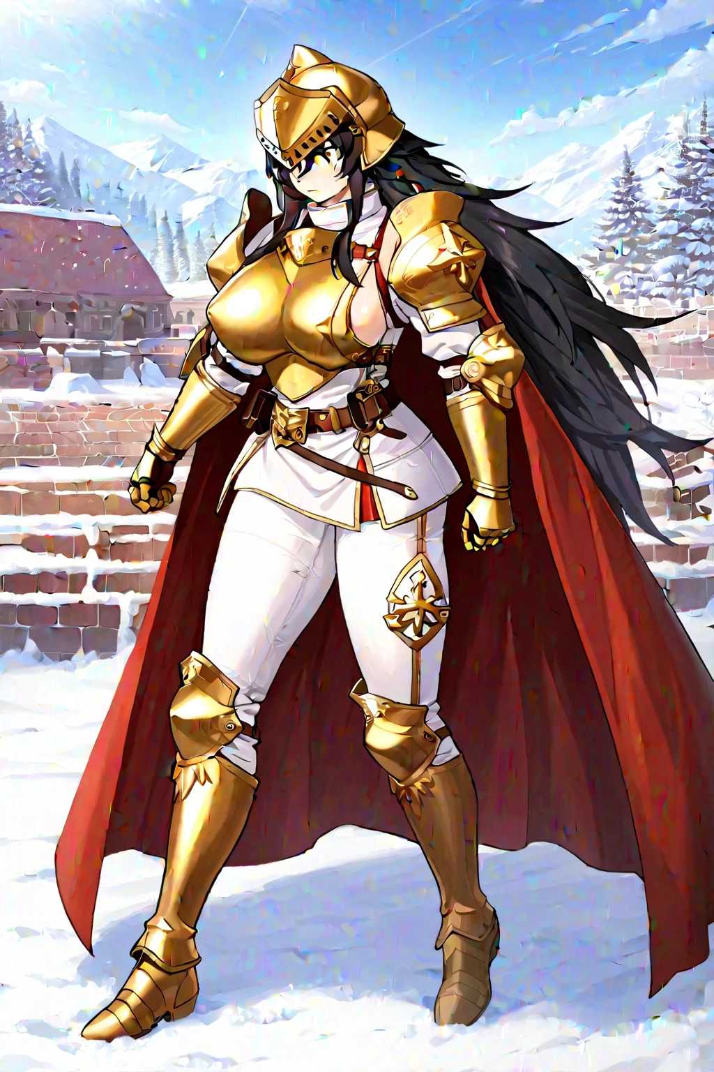 masterpiece, Best Quality, 4k, Background with:In front of the snow-covered stairs of a Greek temple with snow-capped mountains in the distance, valkyrie,dark red cloak, fiery silver hair, Fantasy, close up portrait photo