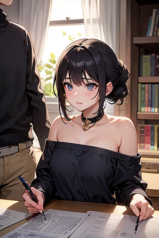 Beautiful woman, elegant woman, sexy woman, beautiful woman, short woman, black long curly hair, square face, lots of freckles, perfect lips parted, blushing intensely, flustered, lustful, elegant dress, off shoulder dress, bare shoulders, glow up, empty class room, lying on desk