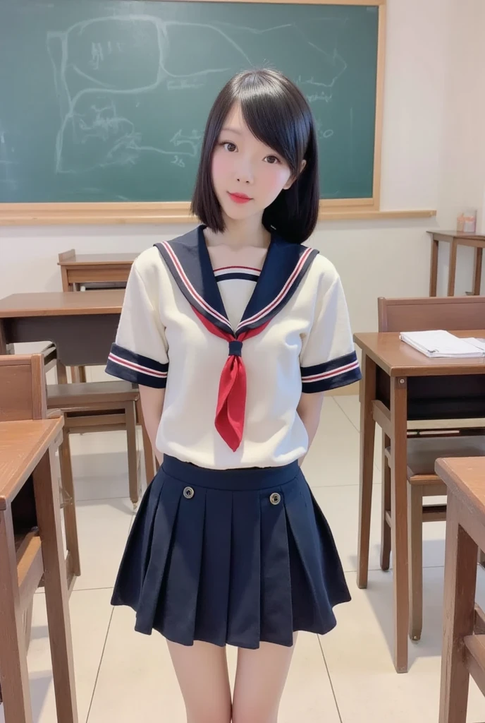 In detail,Full body photo、 High resolution, high quality、Slim body、Perfect dynamic composition, Beautiful fine details, Blonde、ponytail、Natural color lip,Kamimei、17-year-old girl、2 people、Clear Skin、Sailor suit、Red mini skirt、Thighs、Shiny Hair、最high quality, figure, Very detailed, In detail, High resolution, 8k、The correct state of the human body、Sculpture model pose，Pink wall,Sitting in a chair、Thighs are visible、smile、