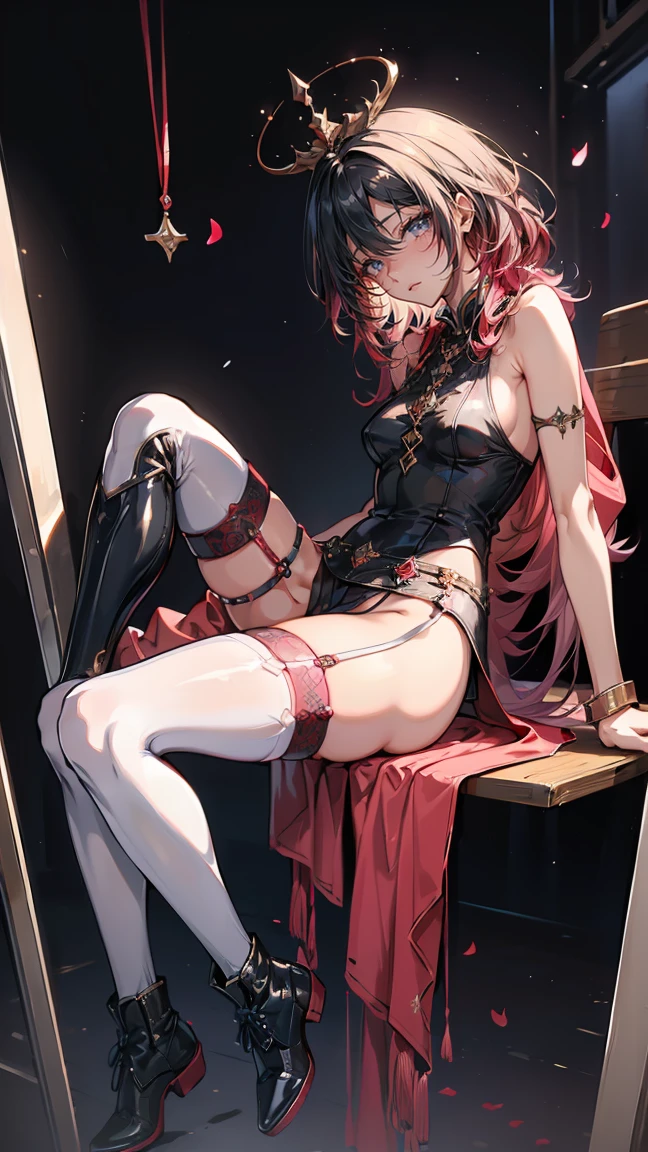 Ruby rose, rwby, (masterpiece, best quality, extremely detailed CG, beautiful detailed eyes, ultra-detailed, intricate details:1.2), 8k wallpaper, elaborate features, full body, (1girl, solo:1.4), (sexual pose:1.3) , petite , (Young Ages:1.2) , wet, sweaty, see through , NSFW , pornographic exposure, messy short dark red hair with red highlights, (( thong, micro bikini)):1.3 , sunshine, blue sky , torn cloth , front view , looking at viewer , bra lift , red sneakers ,seductive posture, alluring, beautiful face, pale skin, shiny skin, skindentation, underboob, (crescent rose scythe)