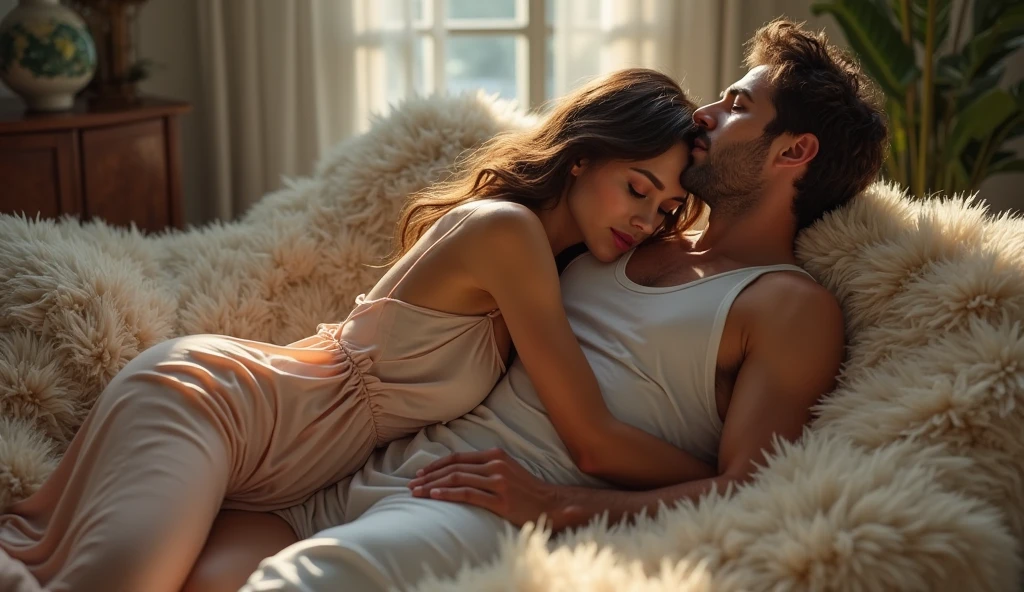 (photorealism:1.2), beautiful man ,woman, sitting on bed, wearing loose off-shoulder top, pajama pants, talk to mobile massage long curly hair, indoors, soft lighting, plants in background, window with sunlight, cozy room, relaxed pose, realistic, intricate details, warm colors, by Greg Rutkowski, by Alphonse Mucha