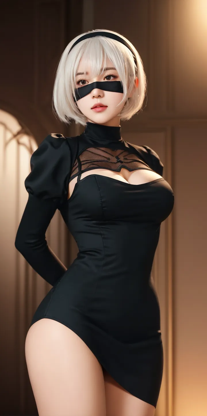 Very beautiful woman with silver short hair, blue eyes, wearing a black dress sitting playfully. Digital art render in the style of romantic academia with hyperrealistic pop illustrations and charming characters. Soft edges and atmospheric effects are used, natural lighting and shadows