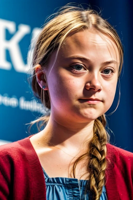 <lora:Chromosome:0.5>,down syndrome,adult,greta,standing in front of a podium,disgust,pink shirt,<lora:greta:1>,