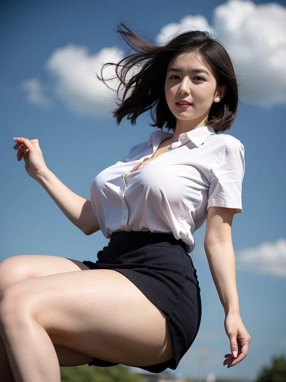 (8K, Best quality, Masterpiece:1.2), (Realistic, photo-realistic:1.37), Ultra-detailed, 1 girl, full bodyesbian, Outdoors, (Adjust hair:1.5) Office Lady, black officeblazer, officeskirt, (Pantyhose black stockings:1.2), (short buttoneddownshirt:1.2), buttonedupcollarprim, buttoneddowncollarprim, Bra, (Pantyhose:1.2), alphalayers, high-heels, Beautiful earrings, Cute, Solo, Beautiful detailed sky, (Smile:1.15), (Closed mouth), Small breasts, Beautiful detailed eyes, Business attire, (Naked flesh,Short ear-length hair:1.2), Floating hair NovaFrogStyle, (nsfw: 1.7)