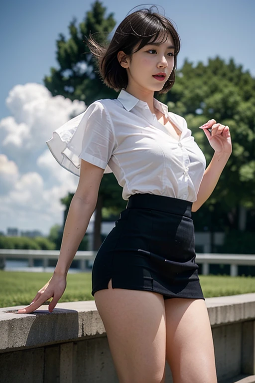 (8k, 超A high resolution, highest quality, Tabletop:1.2),(18-year-old:1.2)、(avert your eyes)、8k、RAW portrait of a Japanese girl、Photorealistic、超A high resolution、highest quality、 (Huge breasts、Button up all your shirts:1.4)(school uniform、Pure white dress shirt、Check pleated mini skirt:1.35)、(On the street:1.2) break (Natural skin texture、Fine skin、Hyperrealism、Ultra Sharpness)、Intricate details、Written boundary depth(Please wear a white shirt under the skirt:1.3)、Show me your armpits、Navy Check Pleated Micro Mini Skirt(Black short bob、Thong、Black Loafers、Black Stockings:1.2)、((Sexy panties in full view:1.05))、((Spread your legs wide:1.45))