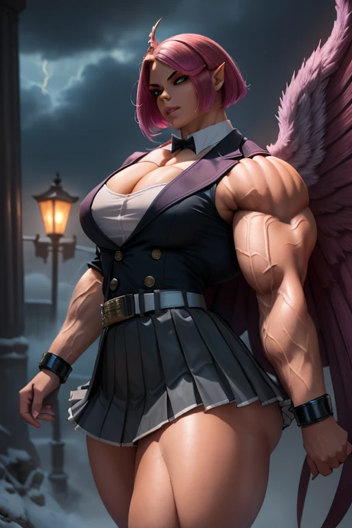 ((((Massive, beautiful, buff, light brown skinned muscular dark angel woman with shocking pink hair, black lipstick, glowing eyes, huge black angel wings, ginormous bulky muscles and wearing a beautiful black angel dress)))), {close view}, massive muscles, massive biceps, hyper muscle shoulders, massive muscle arms, vascular shoulders, hyper muscle triceps, huge angel wings, (angled bob cut), red eyes, choker, angel gauntlets, in front of a meteor shower in a Destroyed City, devious smile, hyper muscles arms, hyper muscle legs, (massive arms).