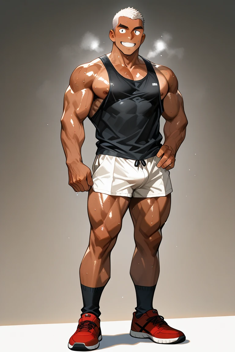 A man in black trunk underwear and were black tank top under vest.