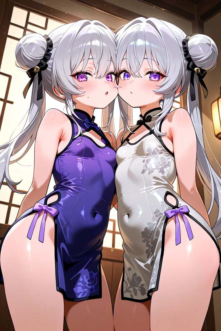 multiple_girls, breasts, 2girls, dress, high_heels, french kiss, red_hair, large_breasts, pantyhose, long_hair, yuri, cleavage, purple_hair, jewelry, eyewear_on_head, earrings, white_dress, blush, bare_shoulders, kneeling, white_footwear, closed_eyes, black_dress, black_footwear, bangs, sunglasses, indoors, window, ponytail, sleeveless, orange_eyes, thighs, halterneck, chinese_clothes, sleeveless_dress, china_dress, yellow_eyes, ass