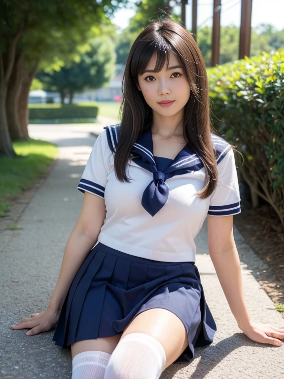 Pure Japanese school girl, sexual attractive, wearing loose uniform, natural hairstyles, sweet smile, sitting, refreshing in early summer, professional nudity photography,
