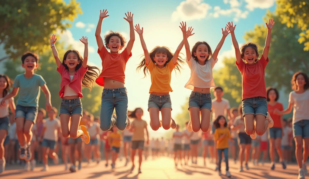 (no mistakes) (best qualityer), several different children, little happy girls jumping up and down in a green field, in a sunny day, with a crane in the background on the left side of the screen. children are jumping up and down together in a spacious field with a city scenery in the background