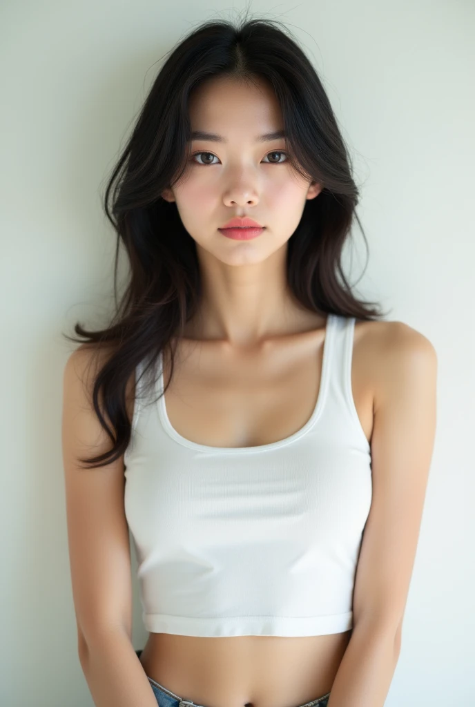 photo of a 20-year-old female, eunji, looking at the camera, wear white sports bra