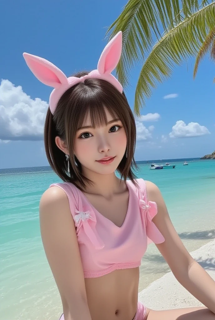 hawaii、Waikiki、the beach、Gravure photography、Realistic rabbit ears、rabbit ears sticking out of the head,,,、Pink hair、Pink rabbit ears、1 girl in、独奏、pink hoodie、masterpiece、top-quality、realisitic、Hyper-detailing、(Glossy skin)、absurderes、Looking at the camera、short pink hair、Brown-eyed、Slender beauties、动态照明、hight resolution、foco nítido、depth of fields、Detailed eye、Sharp eyes、Realistic eyes、(thick thight:1.0)、Beautuful Women:1.4、Slender Abs:1.2、((Short-cut bob hair))、((small tits:1.4))、((k pop:1.3))、((The bikini))、Highly detailed facial and skin texture、((the pose))、((魅惑的))、Anatomically correct number of fingers、Correct anatomy、