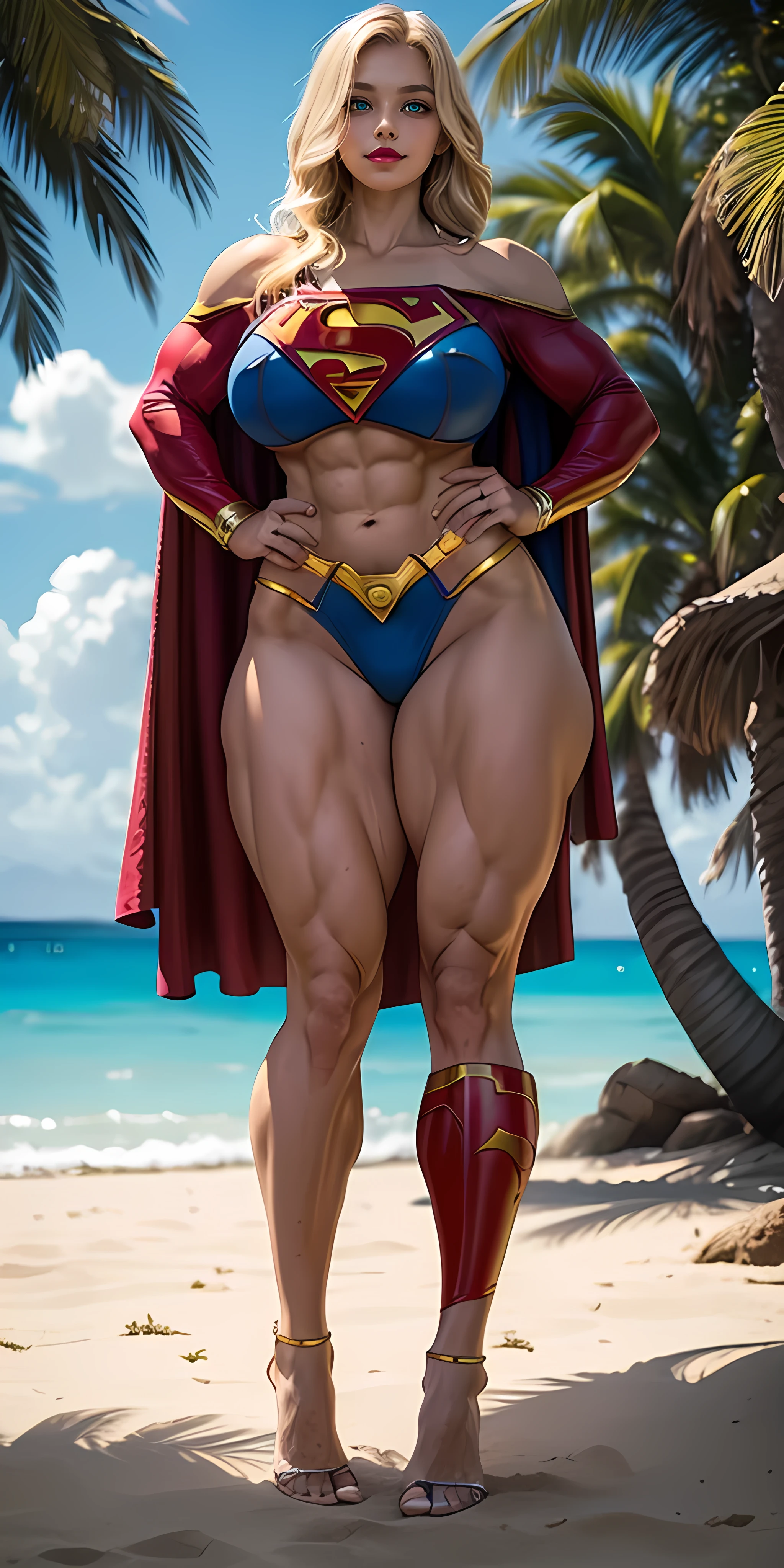 (muscular brute beautiful tall woman Lorah), huge strong biceps volume, huge exposed chest muscles volume, strong muscular legs, exposed abs skin, tight trunks and cape, huge breasts volume, city background, wavy hair orange, blue eyes