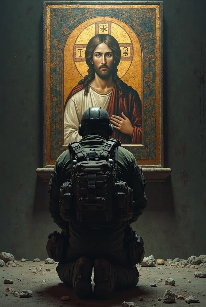 Ninja segurando uma AK 47 olhando para o Cristo Redentor de costas