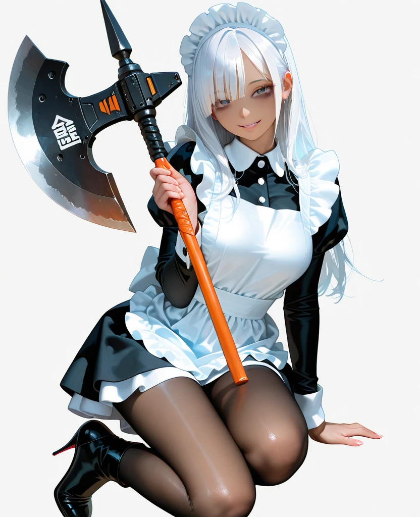 absurdres, highres, ultra detailed, masterpiece, cel shading, (bold outlines):1.2, flat colors, sharp shadows, graphic style, manga influence, clean linework,
girl, ((kawaii girl)), (loli:1.3), age 10,(detailed cute face):1.2,(full body:1.5), bob hair, white hair color, ombre hair color, cute meido, cute maid clothes,frill,lace,frill,lace,frill,lace,
((extra huge cool chainsaw in hands, extra huge cool weapon machine, mecha, mechanism, machine)), open stance, action pose,
white background,simple background,wide shot,