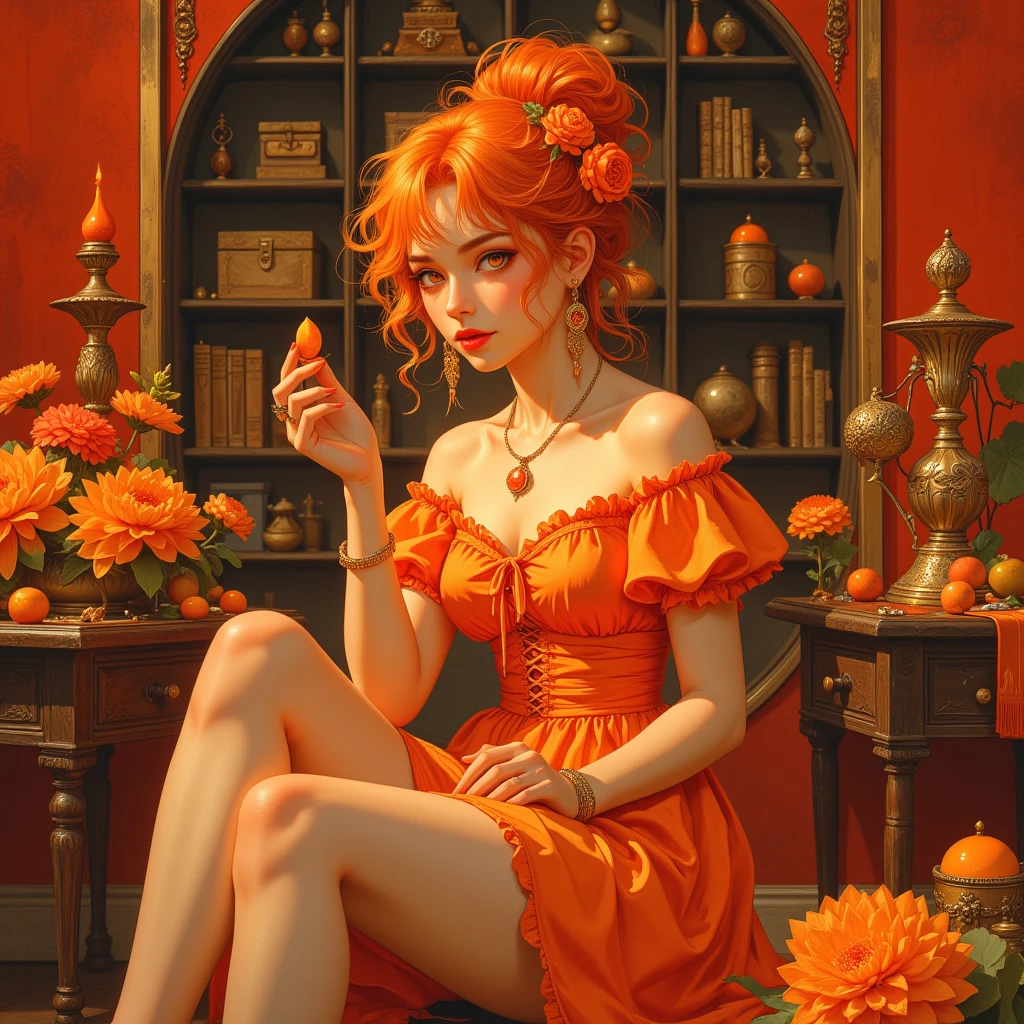 (masterpiece:1.2), original, masterpiece, best quality, official art, (extremely detailed 8k wallpaper), (extremely fine and beautiful:1.2), a girl queen of marijuana, beautiful face, red hair, green eyes, sexy pose looking hot, gold, weed, marijuana, flowers, a poster for marijuana, girl marijuana queen, short dress, concept art, sharp focus, cinematic lighting, illustration, best quality, beautiful face