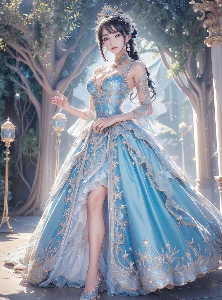 Blue and white tones、Vibrant colors、((​masterpiece)))、(((top-quality)))、((ultra-detailliert))、(A hyper-realistic)、(highly detailed CGillustration）、Official art、Venice at the beginning of the 20th century、Decadent、Madame Papillon、Masquerade、Elegance、Masks that cover most of the face、Colorful and detailed mask design、matchless beauty、Fans、gorgeous dress、jewely、Perfect Angle、perfect-composition、looking left、full body Esbian