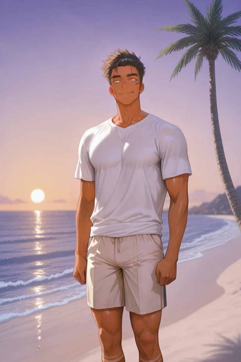 Asian guy, short hair, dark eyes, long face, slim, in swim trunks