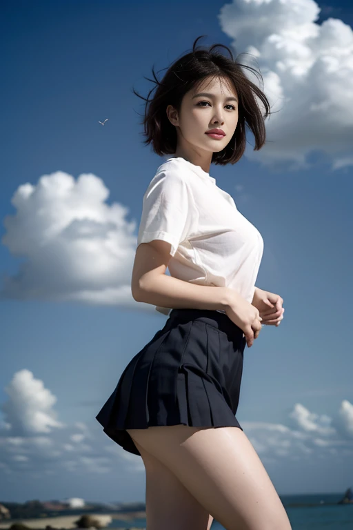 (masterpiece:1.2,8k, raw photo, ultra quality), absurdres, (photo realistic:2), high detail raw color photo,skiny skin, professional photograph,((best quality))、(bare legs:1.2), (navel baring:1.1), A very beautiful Japanese office lady、evil grin、tube top、cleavage cutout、skirt lift、grey background、 (Flirtingly lifting her スカート to show her white lace bikini panties:1.3)